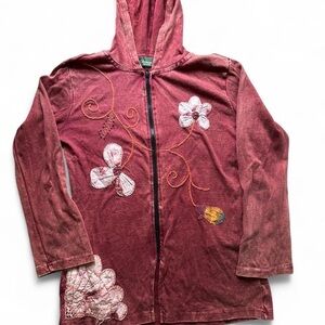 red zip up hoodie with floral embroidery